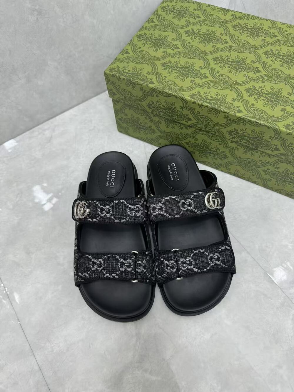 Gucci GG Monogram Double Strap Slide Sandals